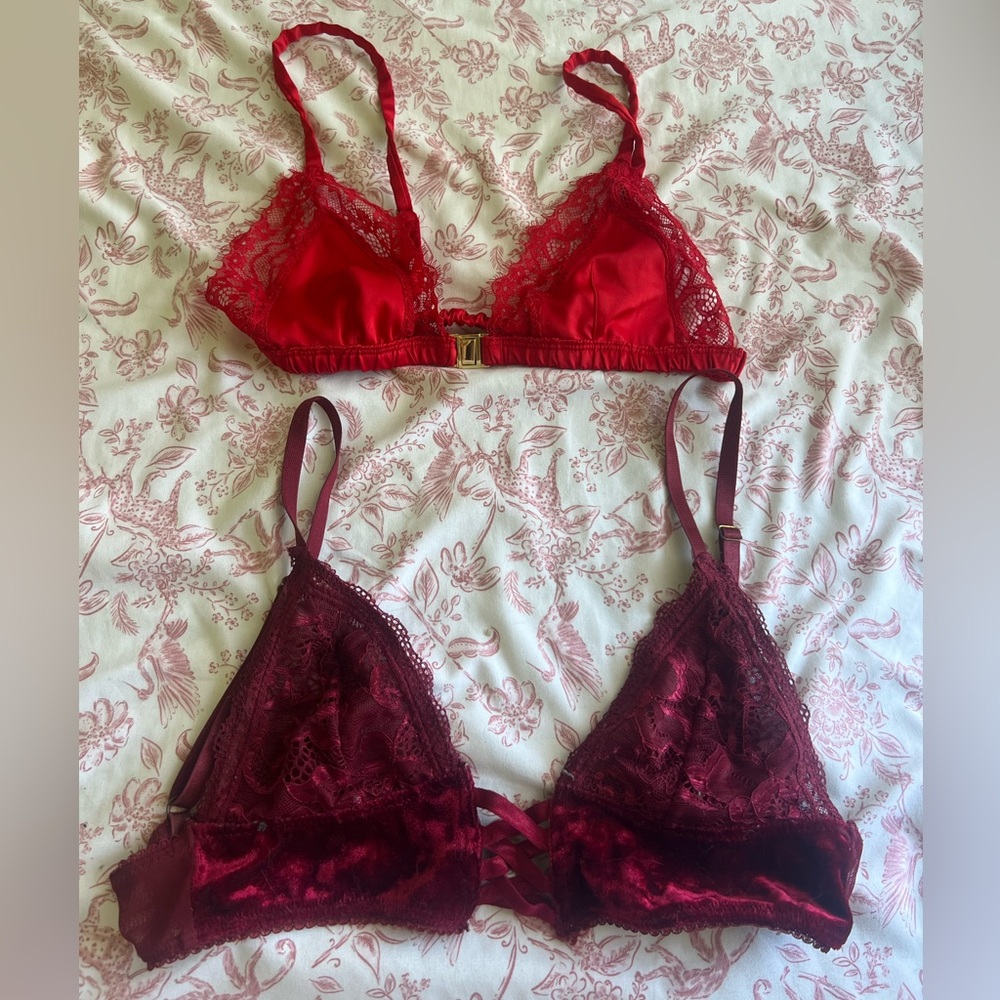 Red and maroon laced bralette set